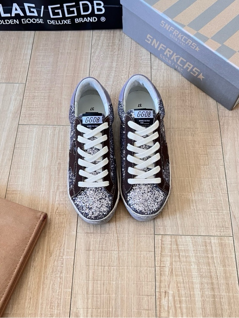 Golden Goose Silver Glitter Sneakers with Brown Star Trim - Picture 8 of 8